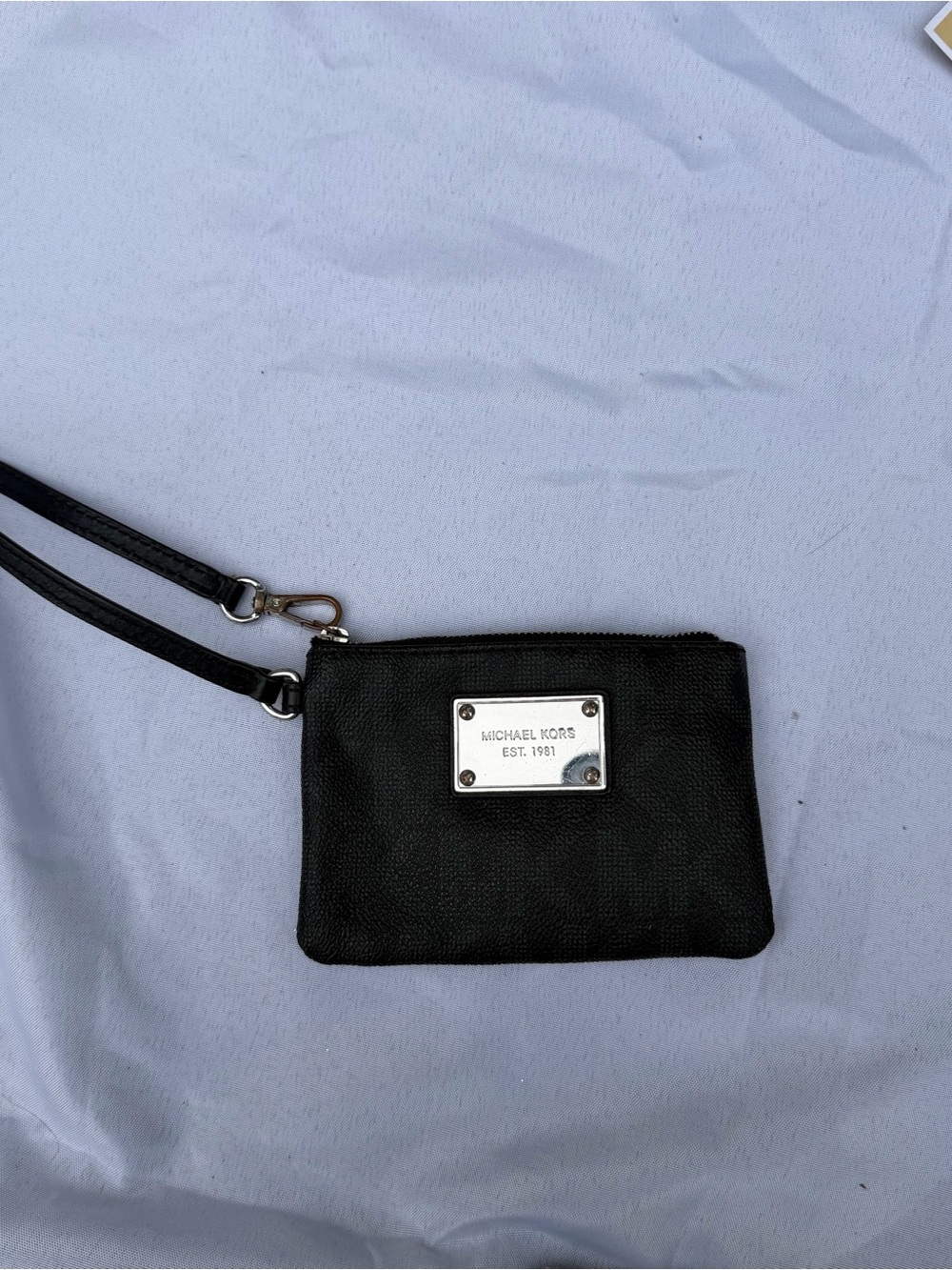 Michael Kors Black Leather Wristlet with Logo Plaque
